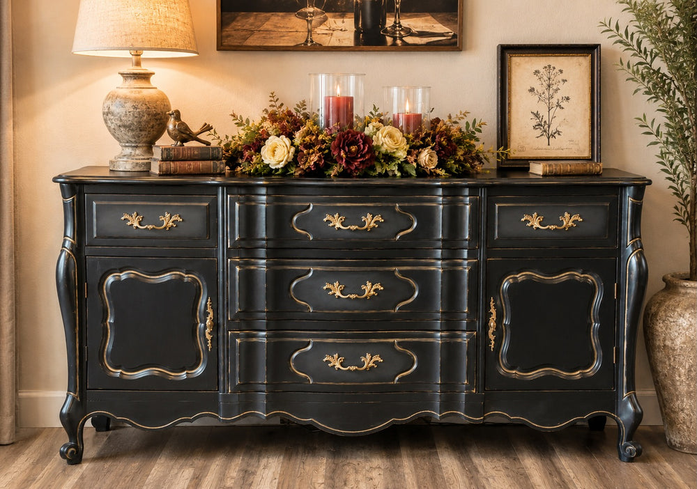 Black buffet with decorative accents