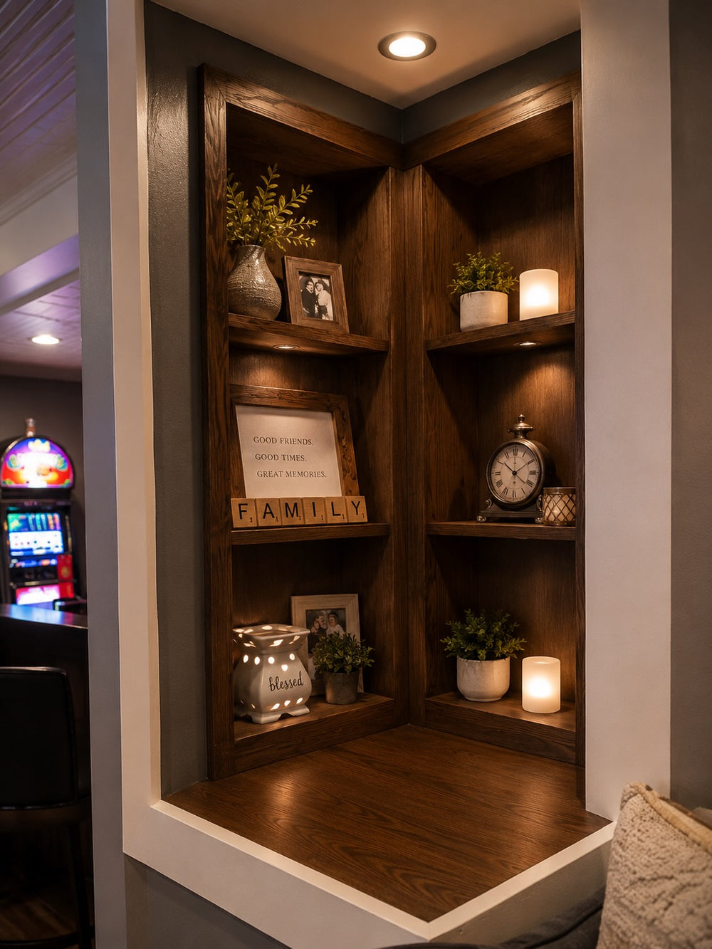 Illuminated corner shelving