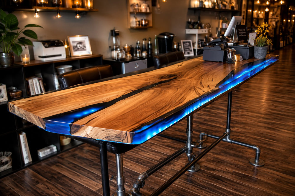 Wood and blue epoxy bar top